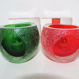 Set Holiday Spirit Red / Green Geode Votive Candle Holder Handmade Art Glass